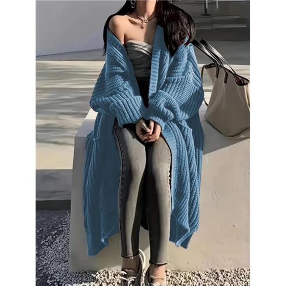 Womens Long Cardigan Sweaters Open Front Oversized Blue - Picture 5 of 5
